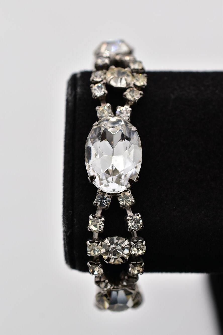 Vintage Rhinestone Crystal Bracelet Silver Prong Oval Round Mid Century BinBR